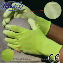 NMSAFETY anti static 13 gauge knitted Hi-vis green nylon palm coated white PU glove